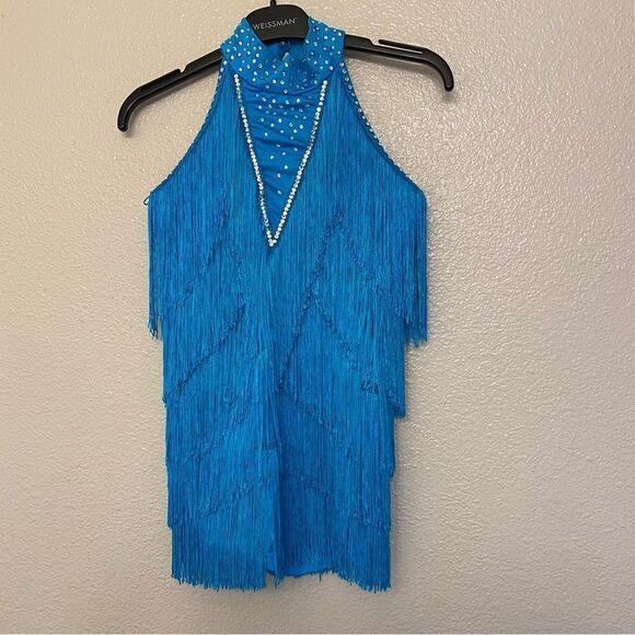 Weissman Dance costume aqua blue sassy fringe dress Spice Up Your Life 14130 MC - Picture 2 of 13